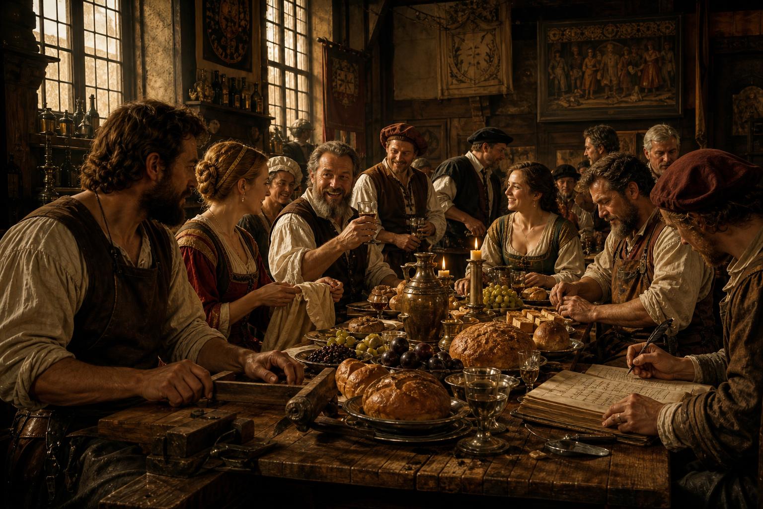 Craftsmen and craftswomen gathered around a long oak table in a 1500s guild hall, sharing bread, wine, and plans
