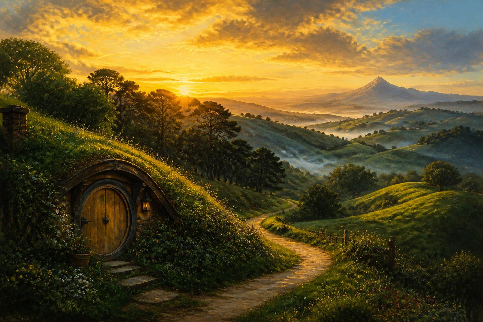 A round wooden door in a green hillside at dawn, with a dirt road winding past a dark forest toward a distant lonely mountain