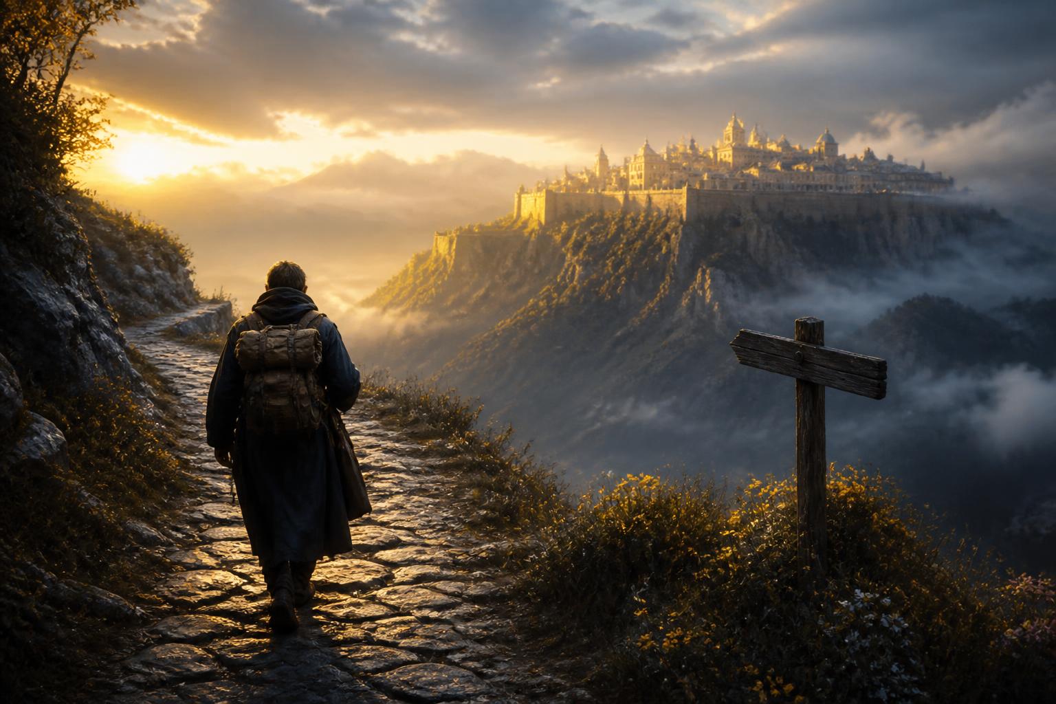 A cloaked man with a heavy pack walking a narrow stone road at dawn toward a walled city glowing on a high ridge